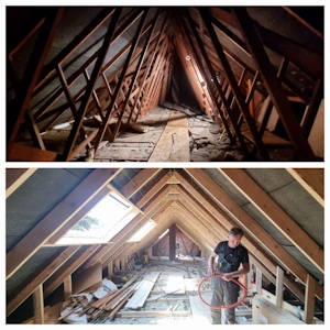 Transformation de charpente préfabriquée en W - avant/apres transformation - volume brut