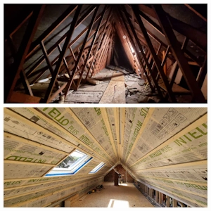 Transformation de charpente préfabriquée en W - avant/apres transformation - étancheité à l'air réalisée