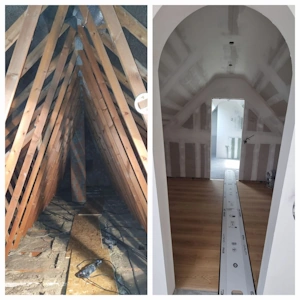 Transformation de charpente préfabriquée en W - avant/apres transformation - gyproc et parquet terminés