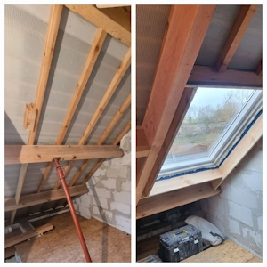 Modification d'une charpente traditionnelle pour le placement d'un Velux PK10. Avant/après